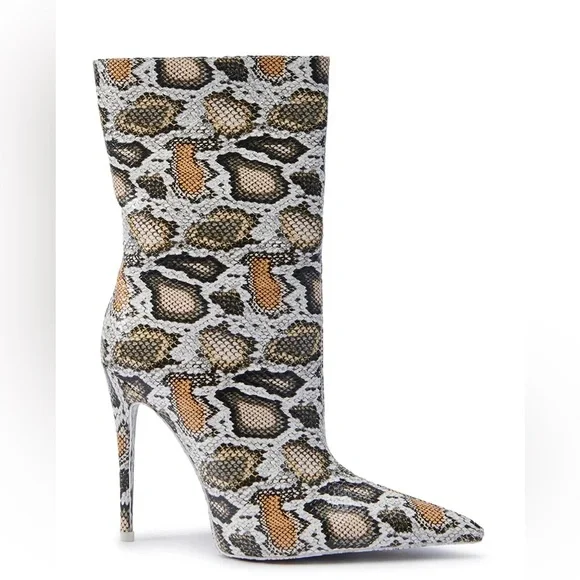 AZALEA WANG Beige Snake Print Cocktail High Heel Boots - Picture 2 of 6